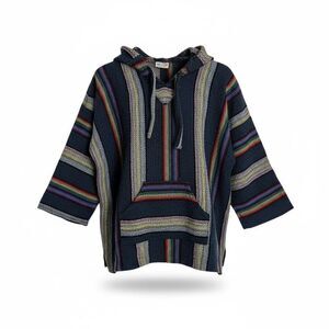 Art Maz Knit Baja Hoodie Mexican Pullover Poncho Sweater Black Yellow Size Large